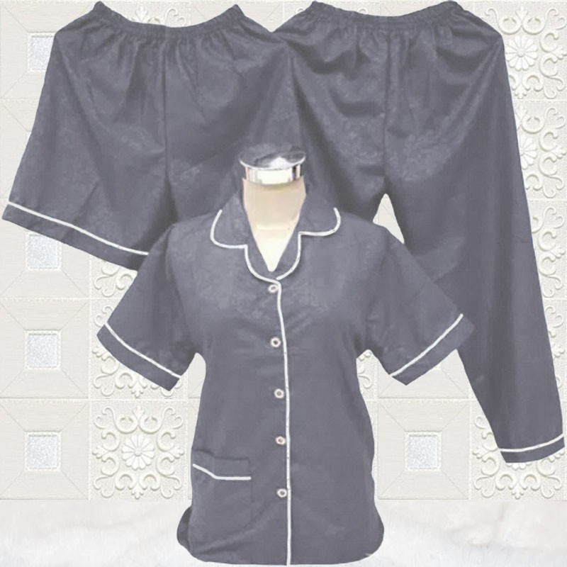 ISANNY PIYAMA SET SATEN EMBOS 3IN1 L/PIYAMA DEWAS/READY 20 WARNA-ABU TUA