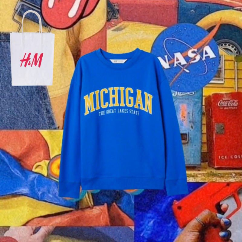 

(COD)CREWNECK H&M HNM MICHIGAN CHEST PRINTED FREE PAPERBAG
