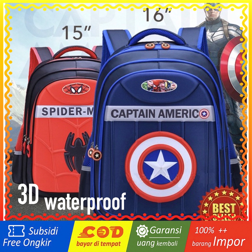 WWH02 Tas Anak Sekolah Ransel 15&quot; - 16&quot; Besar Spiderman Captain America Murah TKM