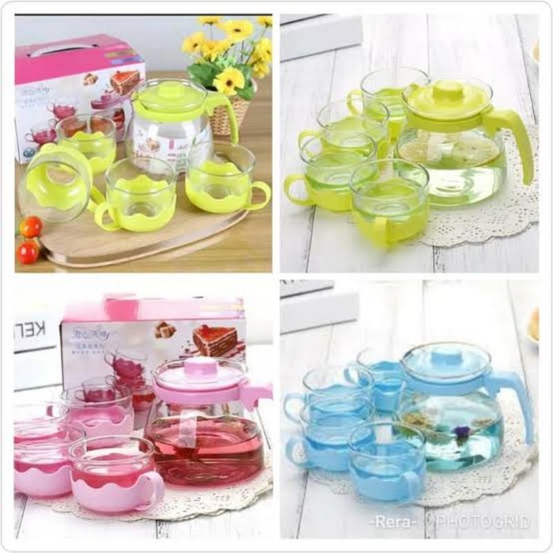 [ Free Bubble Wrap ] Teko Set Beling 5in1 Plus Gelas 4 Pcs / Teapot Kaca/ Teko Beranak