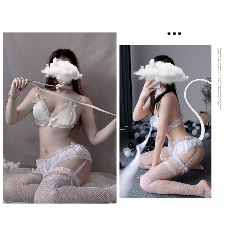 Set Lingerie Wanita Sexy Cosplay Babydoll Lipit Teddy Bra dan Thongs dengan Kalung Bikini malam pakaian dalam 3T08-Putih&Stoking