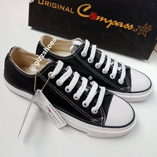 Sepatu Sekolah Canvas Kets Sneakers Tali Cewek Cowo Compass Id Low Ox Pendek Hitam Putih Black White