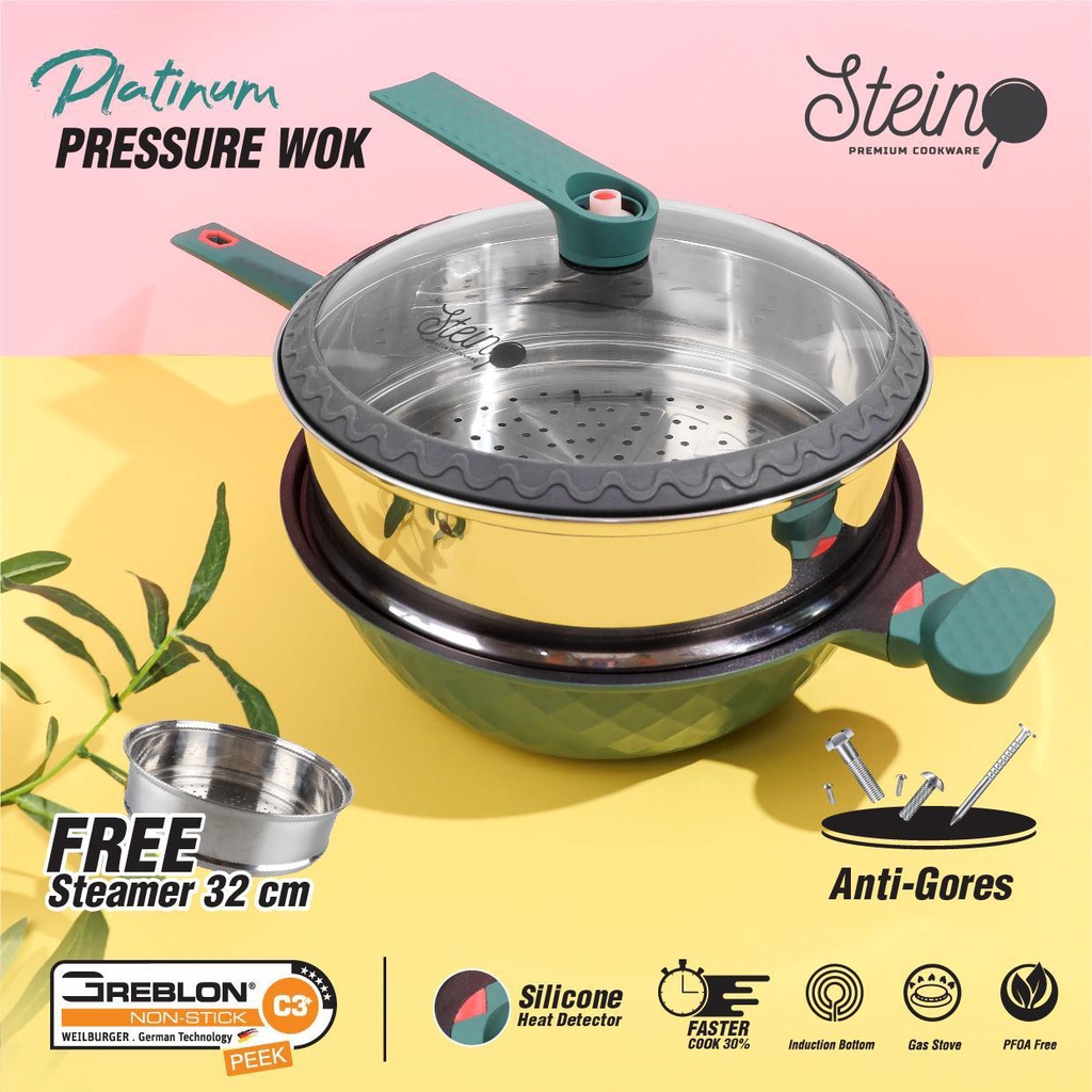 PASTI ORIGINAL - Stein Steincookware Wok Platinum 32cm Pressure Cooker Anti Baret-hijau