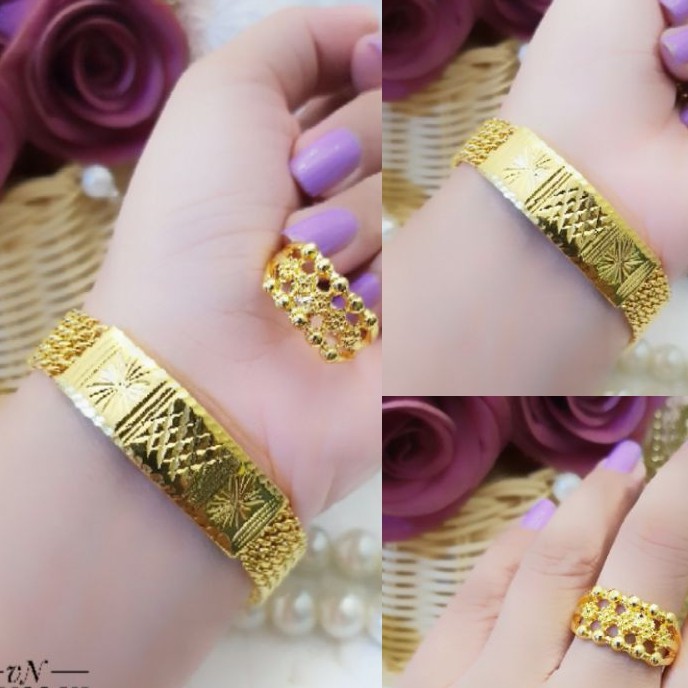 Xuping Set Perhiasan Gelang dan Cincin Lapis Emas 24K Terlaris 145Q