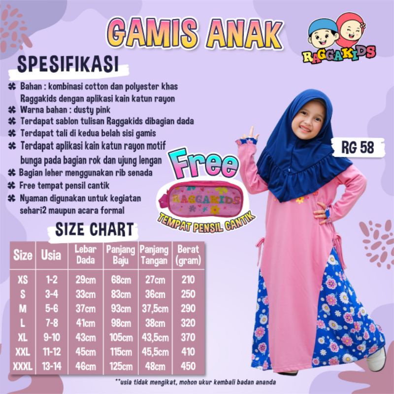 Baju muslim gamis anak perempuan raggakids rg58 free tempat pensil | Gamis couple ibu dan anak RGD58