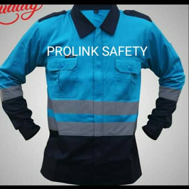 SERAGAM BAJU SAFETY KAIN DRILL SCOTLIGHT 5CM BIRU TOSKA KOMBINASI DONGKER KAIN DRILL