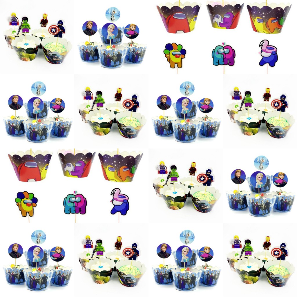 Cake Topper + Cake Wrapper Set isi 12 pcs Frozen II / Among Us / Superhero Lego