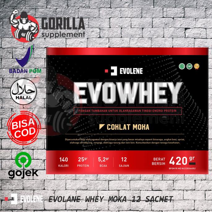 DISKON EVOLENE EVOWHEY COKLAT MOKA 12 SACHET 420 GRAM EVO WHEY WHEY PROTEIN