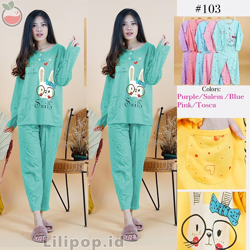 Lilipop.id  Baju Tidur Wanita Smile Celana Panjang PP Allsize Lengan Panjang Baby Doll Bahan Kaos Dewasa