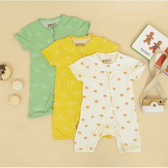 Emico TENCEL™ Baby Romper Short - Baju Anak Bayi Zipper Tencel Resleting Playsuit Halus Lengan Kaki Pendek Jumper