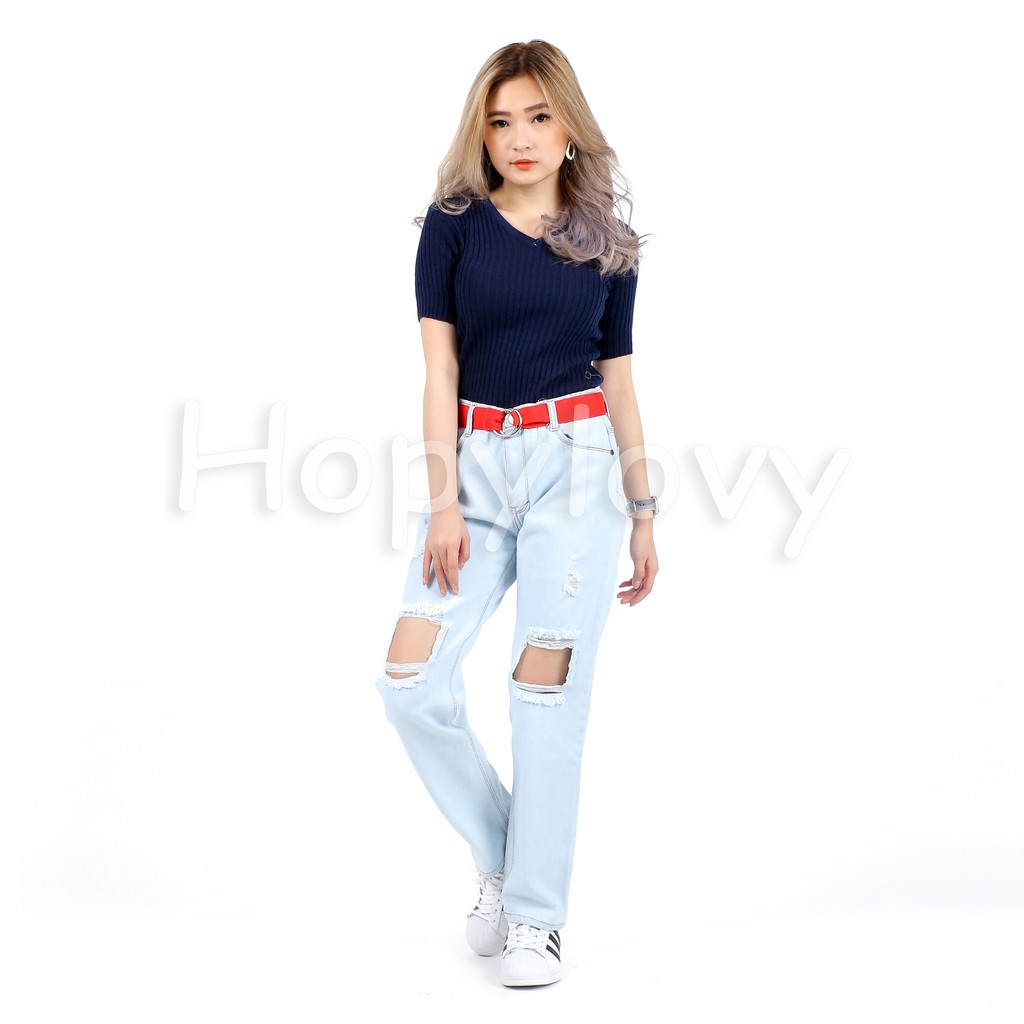 HOPYLOVY - Celana Boyfriend Jeans Wanita Sobek BF Distressed Monita