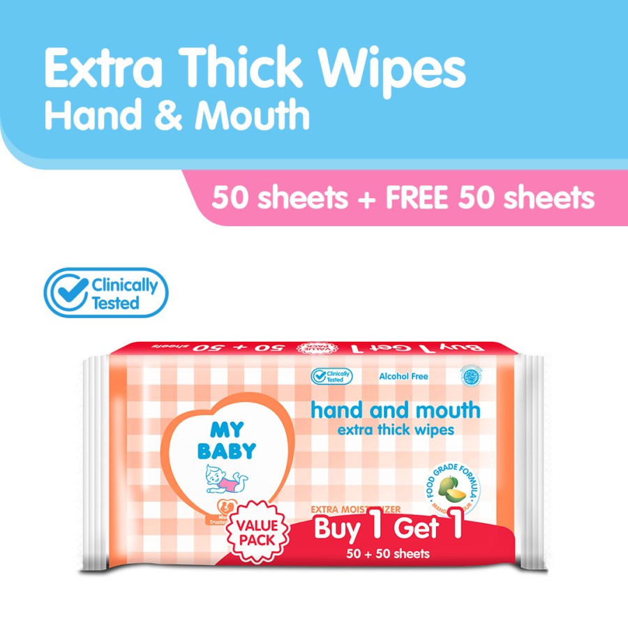 MY BABY Extra Care Wipes Hand &amp; Mouth [50 + 50 Sheets] - Tisu Basah Bayi Extra Lembut &amp; Extra Tebal (2 pcs isi 50s) - Exp: 02.2026