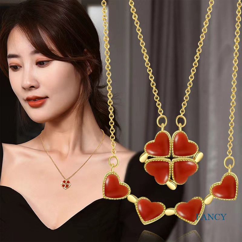 1 Pc Kalung Rantai Klavikula Hias Liontin Hati Clover Model Lipat Dua Sisi Untuk Wanita