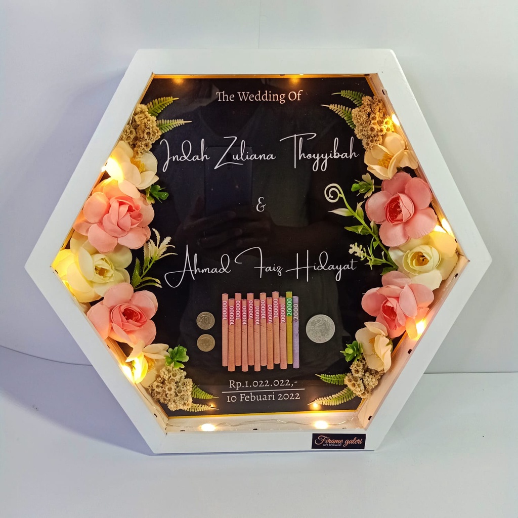 Bingkai Mahar Pernikahan 3D Pop Up Hexagonal Double Flower