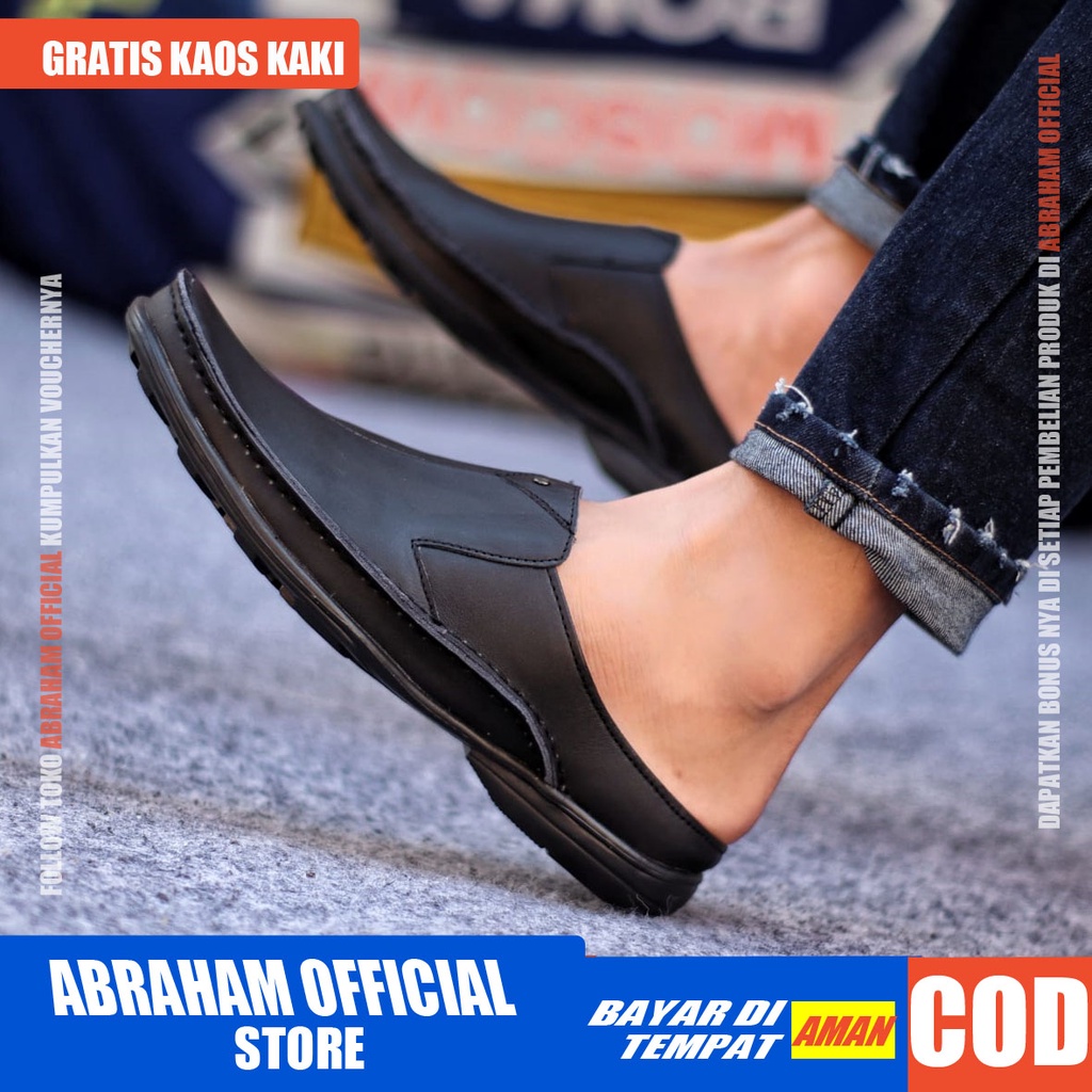 ABRAHAM Sandal Slide Hitam Selop Kulit Pria Sendal Pria