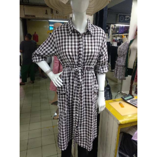 Tunik Kotak kemeja bahan Linen Import