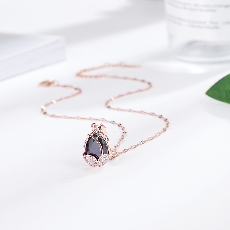 Kalung Lapis Emas 999 Swarovski Liontin Kristal Ungu Style Korea