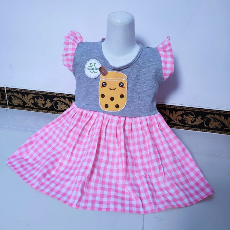 Dress Boba Anak 1,5 tahun- 3 tahun gaun anak cewek viral 2 tahun  baju anak cewek perempuan bo ba gemuk ( dress boba First )