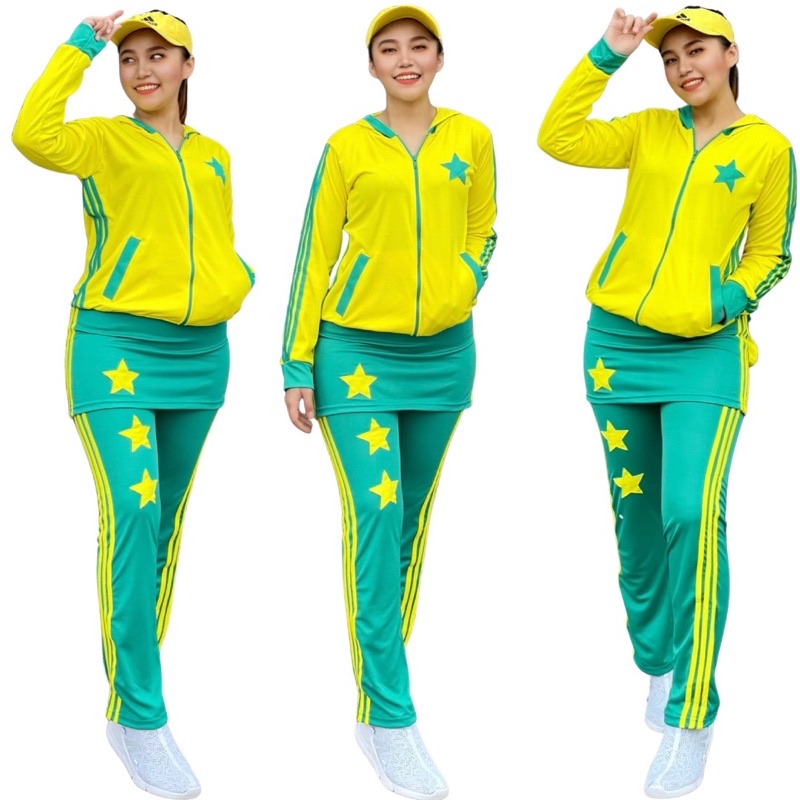 Set  Rok Bintang Kuning Toska Setelan Baju  Senam Gym Gowes Jogging Training Panjang