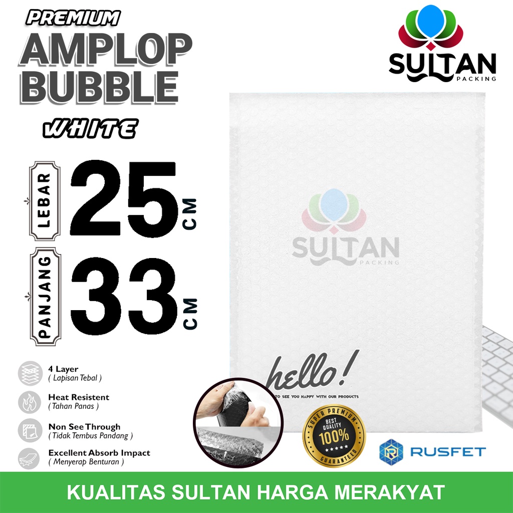 

AMPLOP BUBBLE MAILER 25x33cm WHITE WRAP ENVELOPE RUSFET PREMIUM SATUAN PUTIH