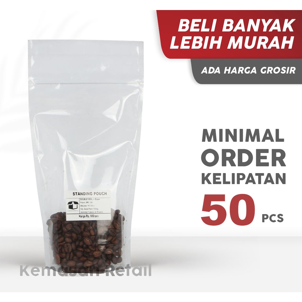 Standing Pouch Klip PP Bening Double Seal 16x32 cm (1000g) - Packaging Makanan dan Kopi - Plastik Ke