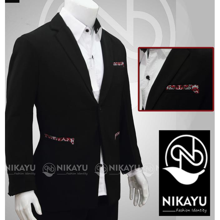 Blazer Batik eTniC - Jas Pria Cowok Slimfit Kombinasi Batik Hitam 2017