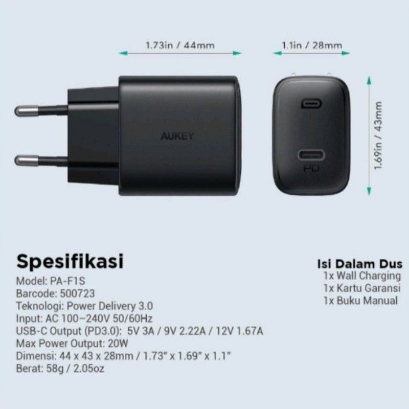 AUKEY Adaptor Charger PA-F1S 20W PD Wall Charger.