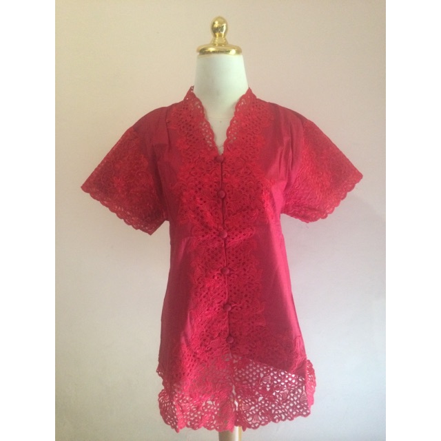 Kebaya Modern Encim Lengan Pendek Katun Bordir Merah Jumbo XXL