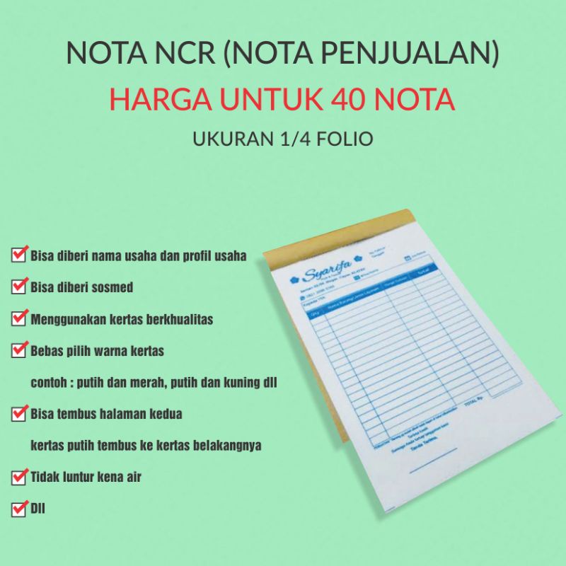 

Nota seperempat folio, nota ncr, isi 40 nota, 2ply