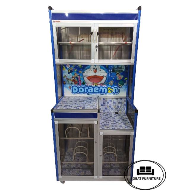 Lemari Rak Piring Kaca Keramik 2 Pintu Alumunium Roda