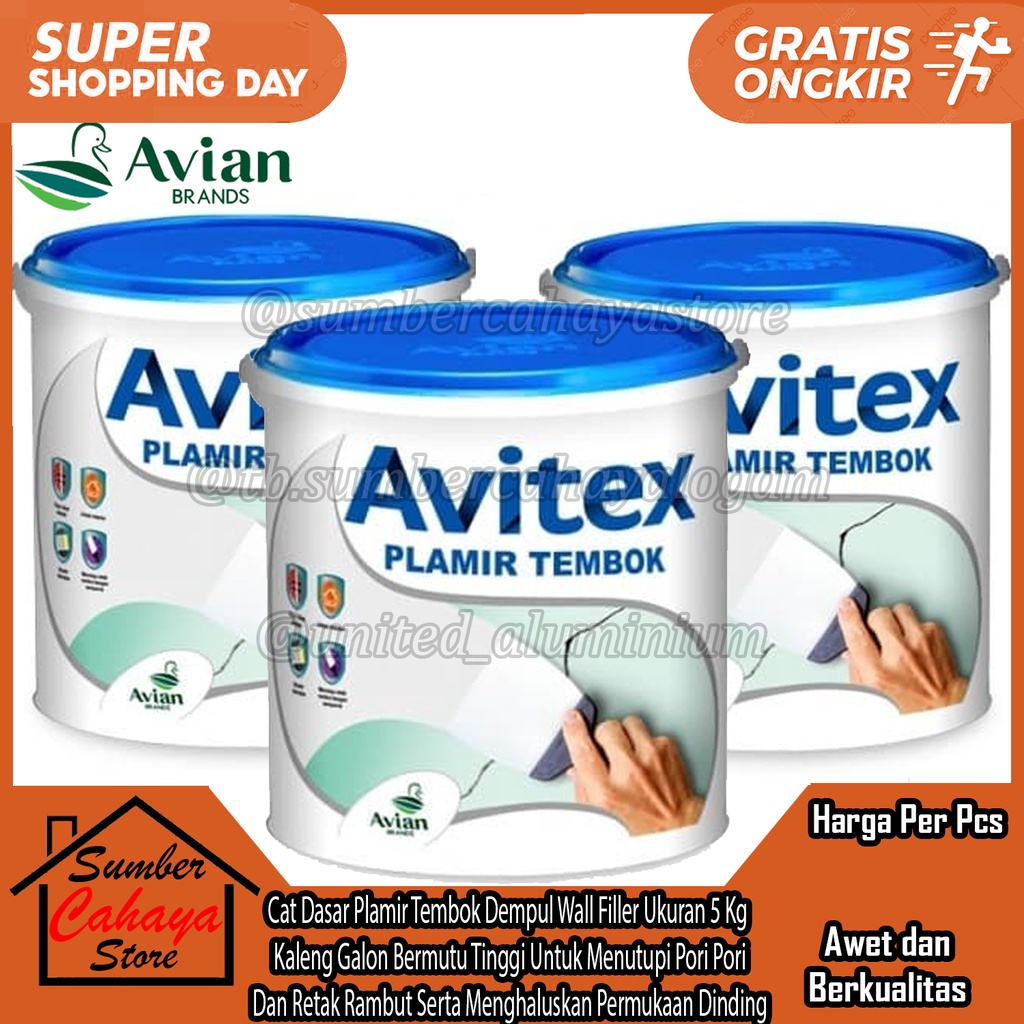 Cat Dasar Plamir Tembok Avian Dempul Wall Filler Sealer Putty Ukuran 5 Kg Kilo KiloGram Kaleng Galon