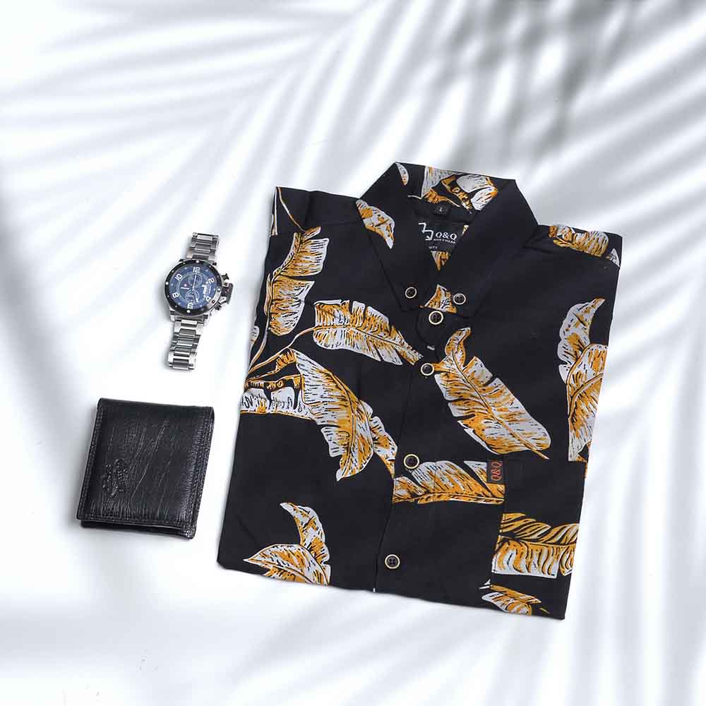 KEMEJA PRINTING PRIA KASUAL HITAM LENGAN PENDEK BAJU PANTAI 456