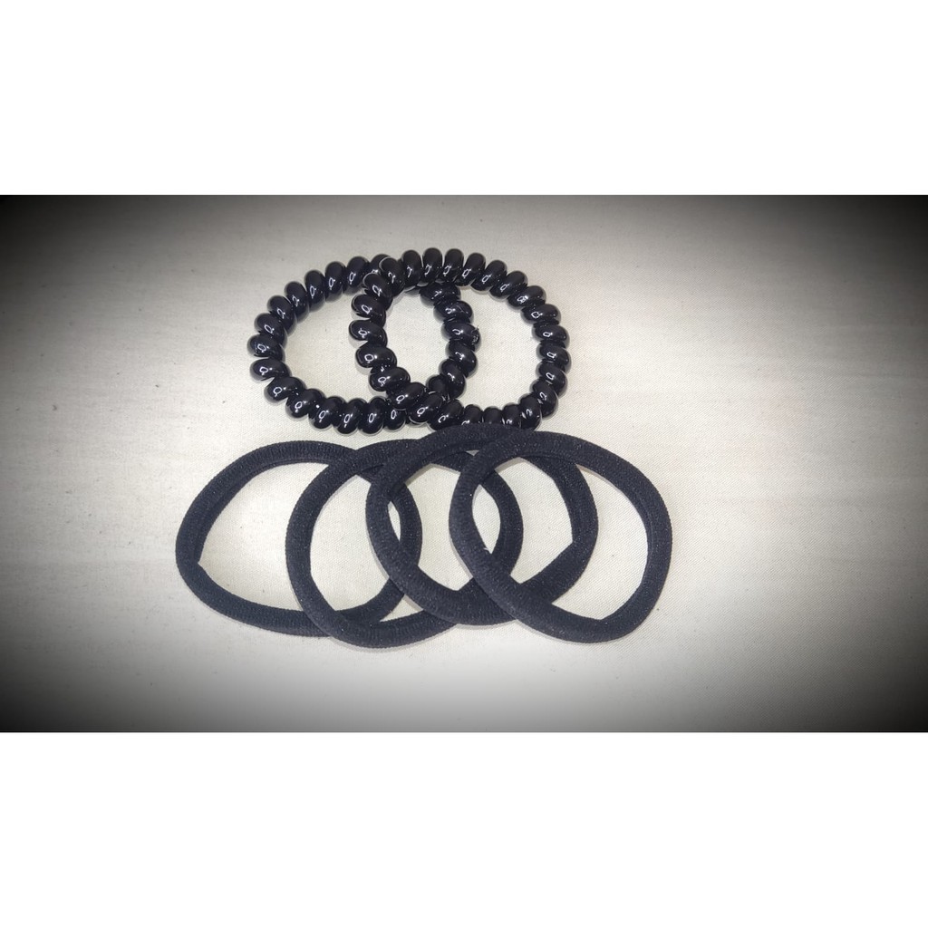 Karet Ikat Rambut Hitam Kombinasi Spiral Kuciran Set Hitam Premium isi 6Pcs-4