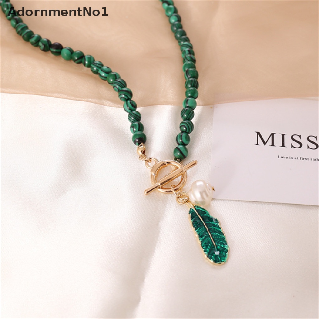 (AdornmentNo1) Kalung Rantai Liontin Daun Malachite Aksen Mutiara Imitasi Bahan Alloy Untuk Wanita