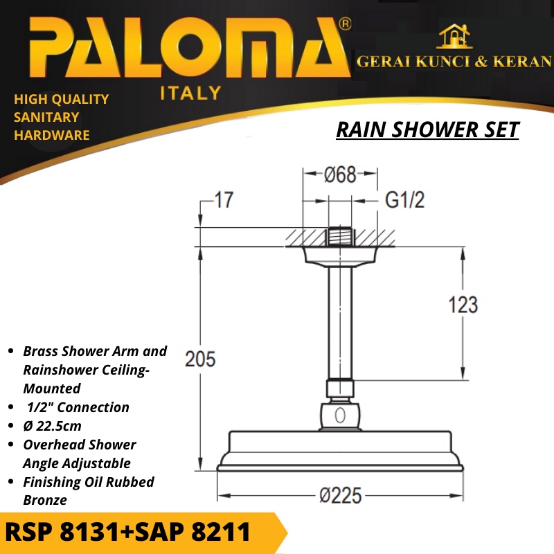 PALOMA RAINSHOWER SET RSP 8131 SAP 8211 BRASS ORB ANTIK KEPALA SHOWER