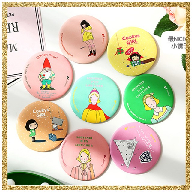 PROMO 12.12 MX1659 Cermin Bulat Karakter Kaca Cermin Make Up Mini Travelling Motif Kartun Colorful