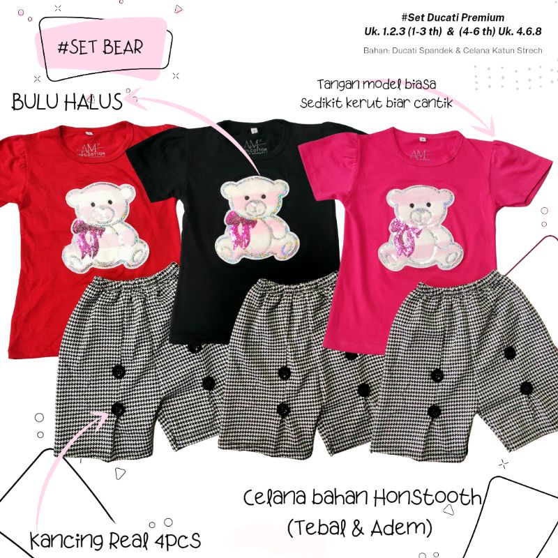 Setelan anak Perempuan aplikasi &quot;BEAR&quot; Size 1-5th bahan Ducati Katun Spandek Premium