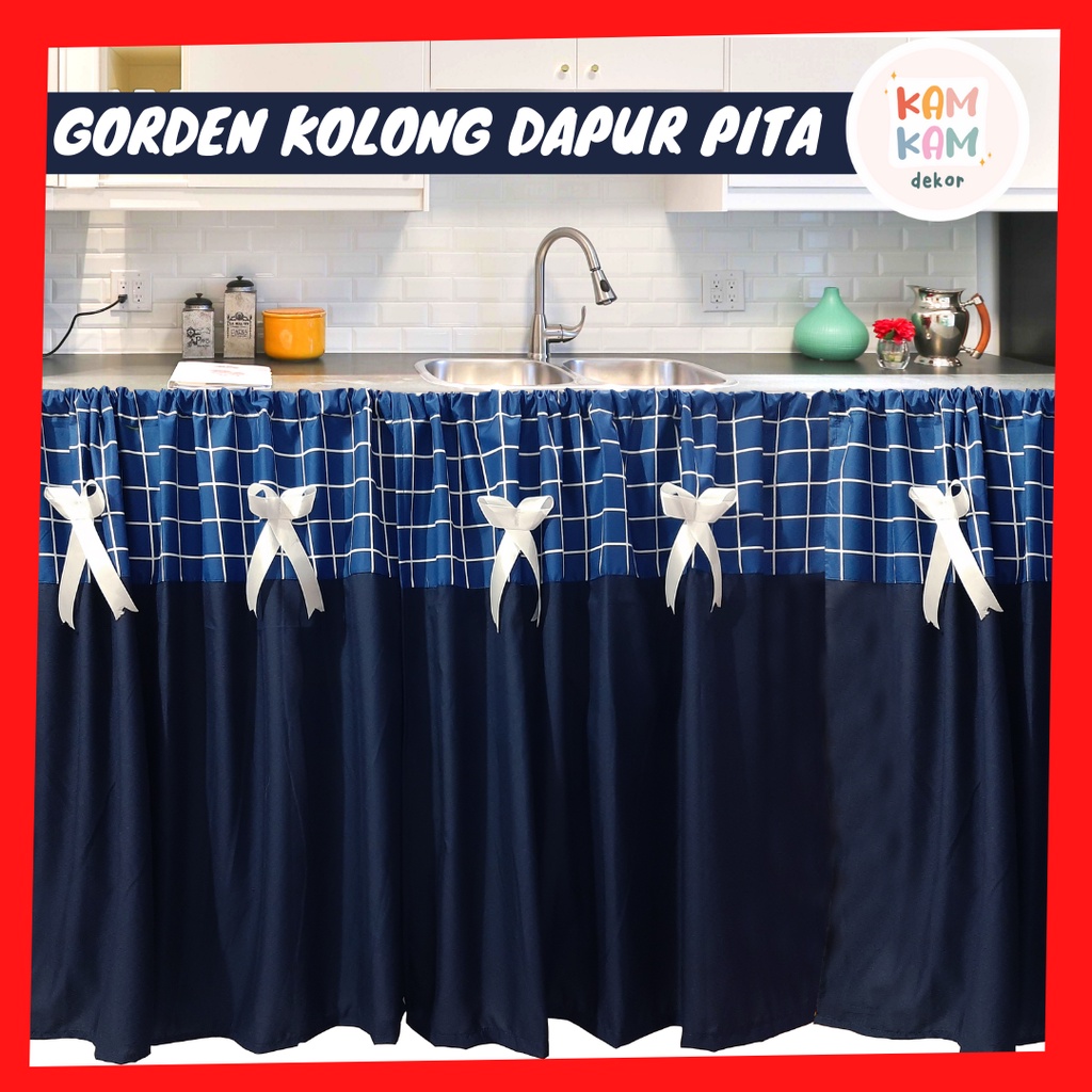VintageNavy - Gorden Kolong Dapur Pita Murah Tirai Kolong Dapur Motif Kotak Navy Vintage Korden Wast