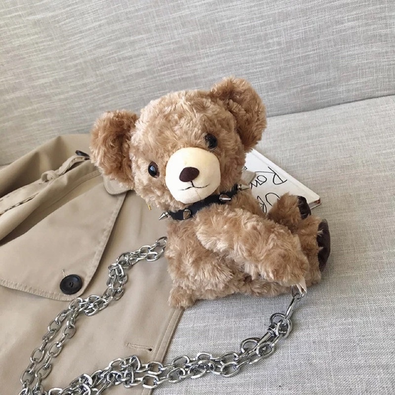 TAS BONEKA BERUANG TEDDY BEAR BULU TALI RANTAI TAS KECIL WANITA ANAK TK SD SMP WARNA COKLAT TAS BONEKA MERANGKUL NEMPLOK MELUK BADAN LUCU IMPORT KOREA STYLE