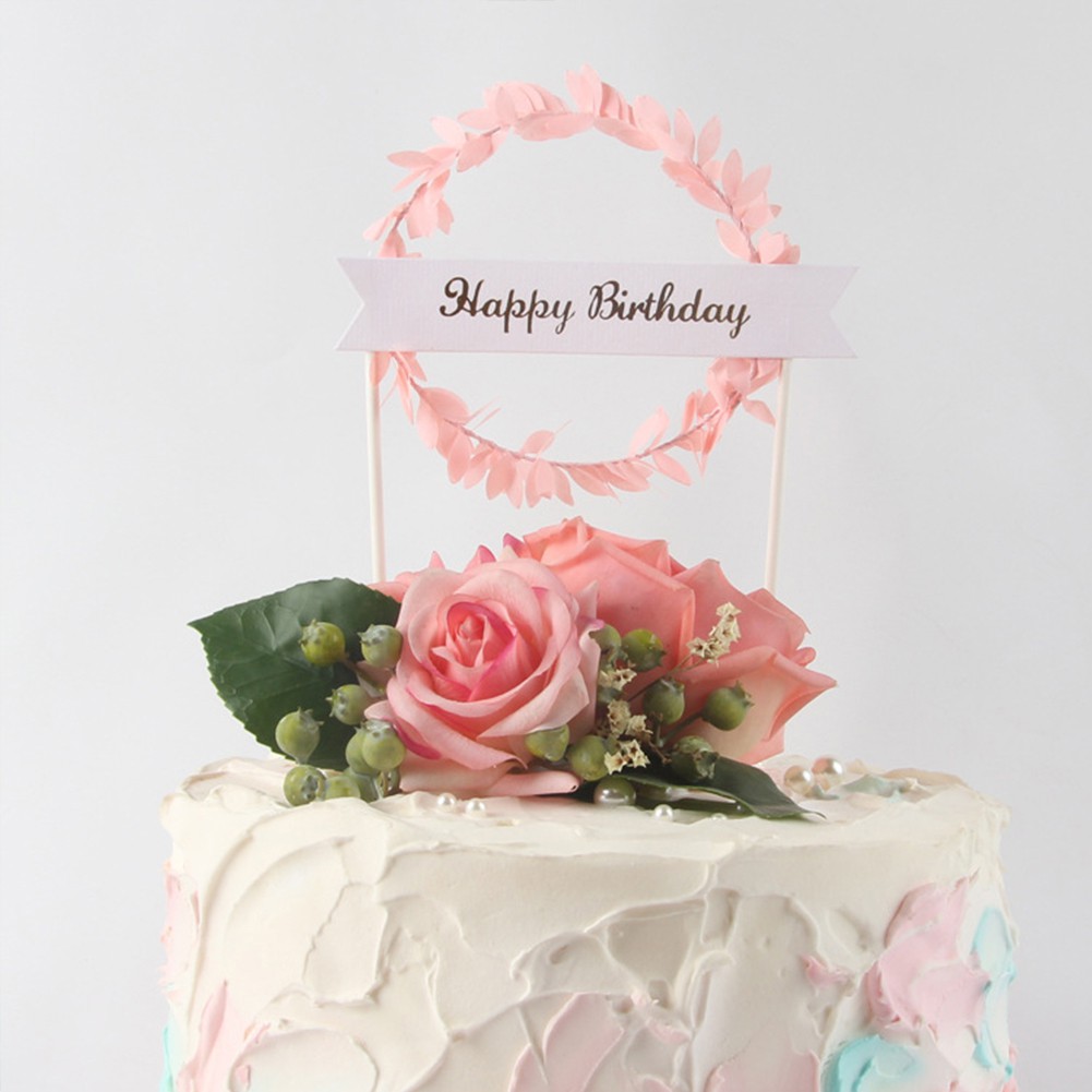 (Diskon Besar-Besaran) Topper Kue Bentuk Karangan Daun Tulisan Happy Birthday Warna Biru Hijau Pink Untuk Pesta