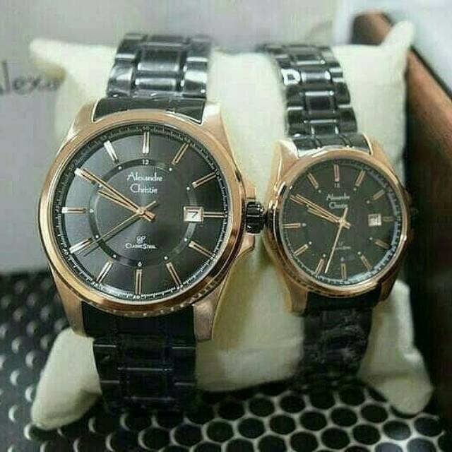 Jam Tangan Couple Alexandre Christie AC8502 Original Black Rosegold
