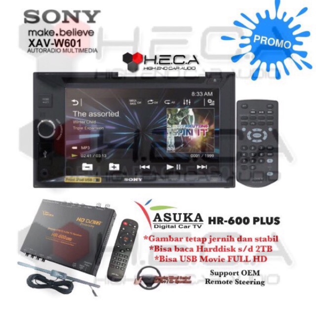 Paket Sony XAV-W601 Head Unit Tape Mobil Double Din XAV W601 & TV Tuner Digital Asuka HR-600 PLUS