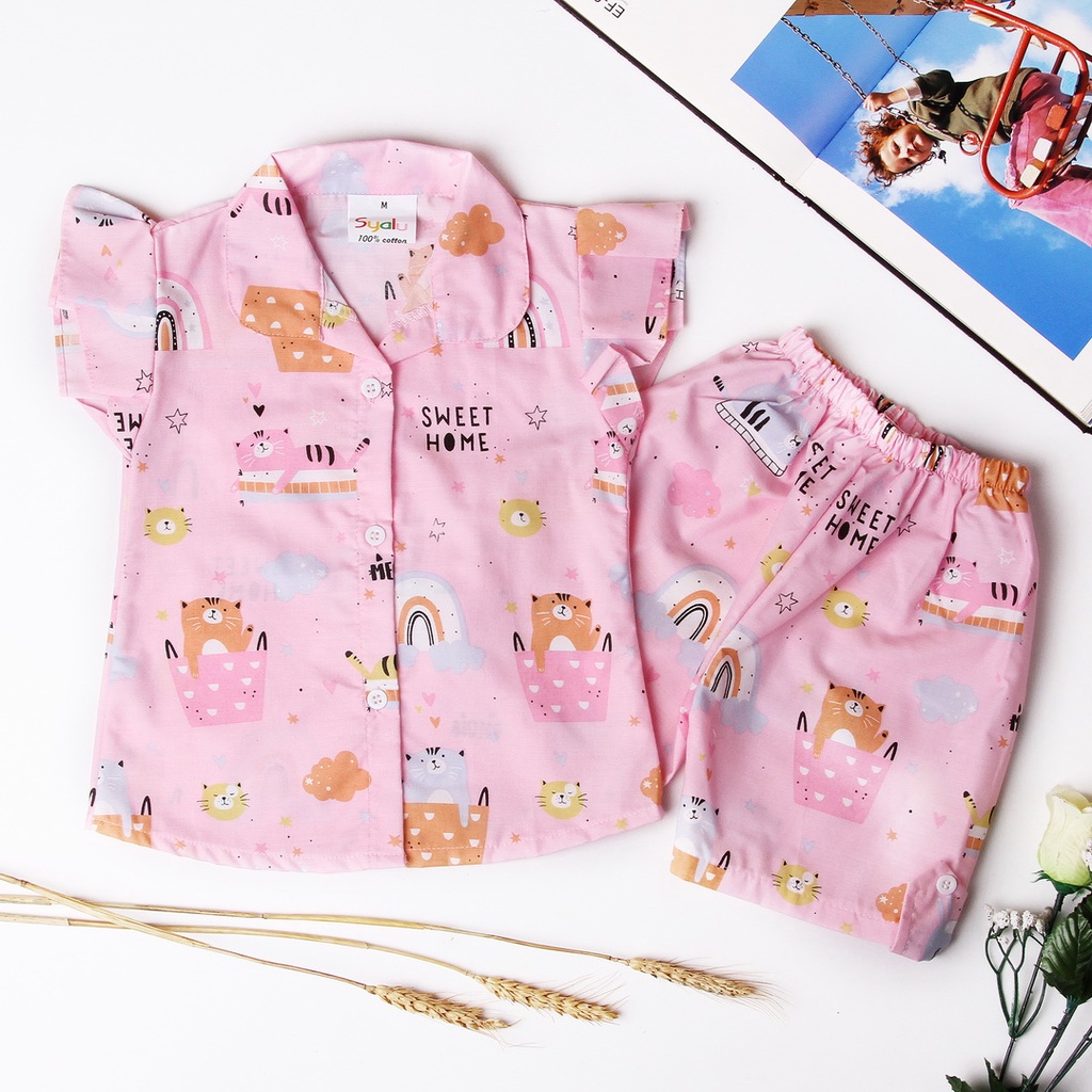 Piyama Anak Cewek Setelan Katun Lembut Tangan Pendek Sweet Home Cat