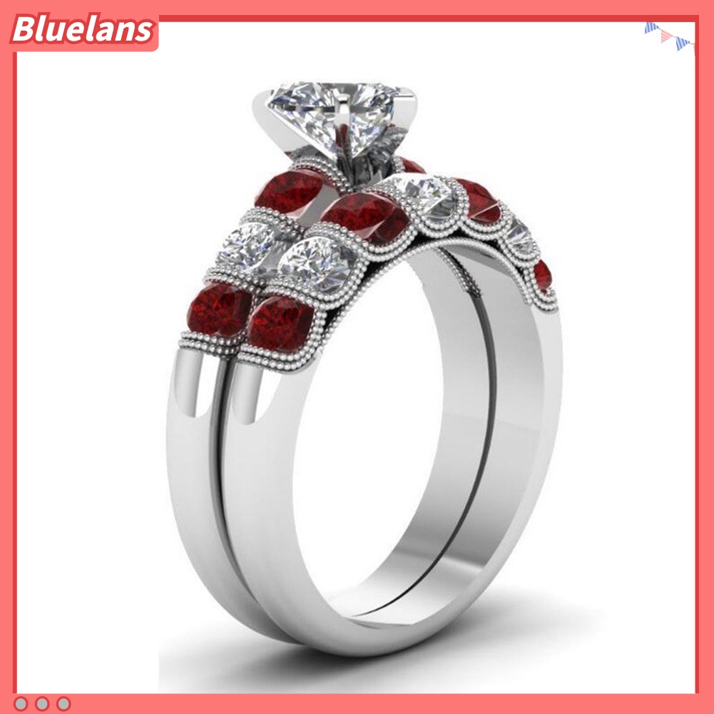 Bluelans 2Pcs / Set Cincin Gaya Retro Motif Hati Aksen Ruby + Berlian Imitasi Untuk Perhiasan Wanita