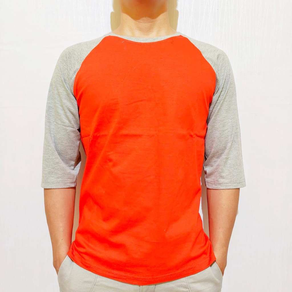 kaos polos reglan  orange lengan abu misty 3/4 20 22 S M L XL XXL