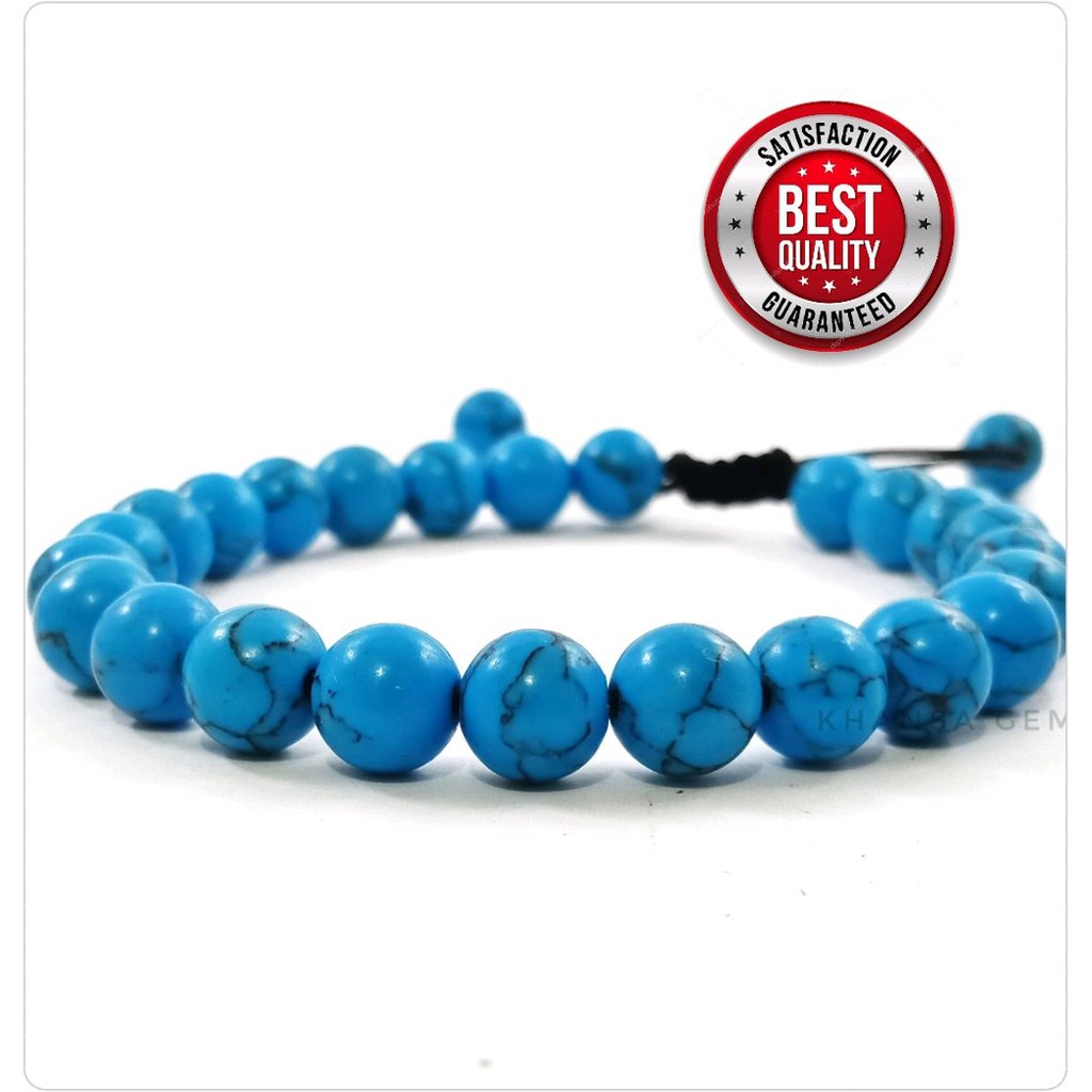 Gelang Tangan Batu Pirus Biru Dim 8 Mm Model Tali Serut Shambala