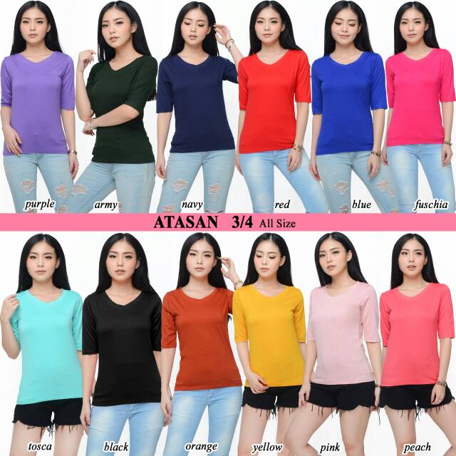 V neck polos tangan 3/4/tshirt wanita