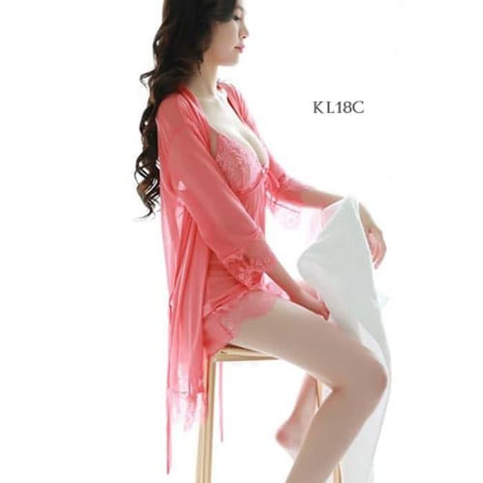 SEKSI KIMONO PEACH VALERIA SET PREMIUM NIGHT DRESS SEXY LINGERIE KL18C 