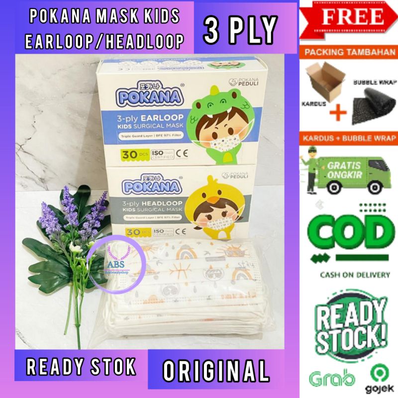 Masker Pokana Mask Earloop Headloop Kids Anak 3Ply isi 30 Original | Pokana Mask Adult /Kids isi 30p