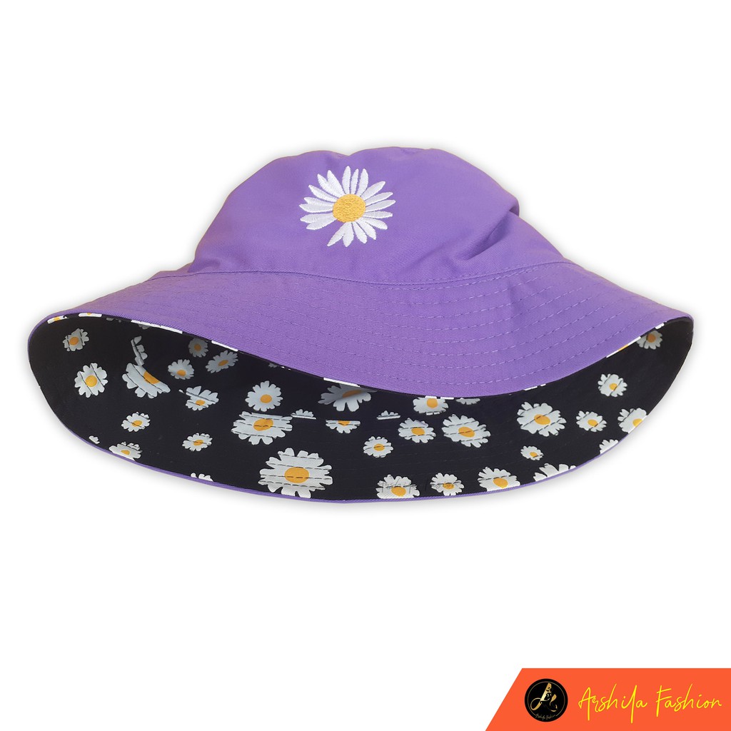 Topi Bucket Dua Sisi Anti Uv Motif Bordir dan Sablon Bunga Daisy Bahan Drilll / Daisy 002-Ungu Bunga dewasa